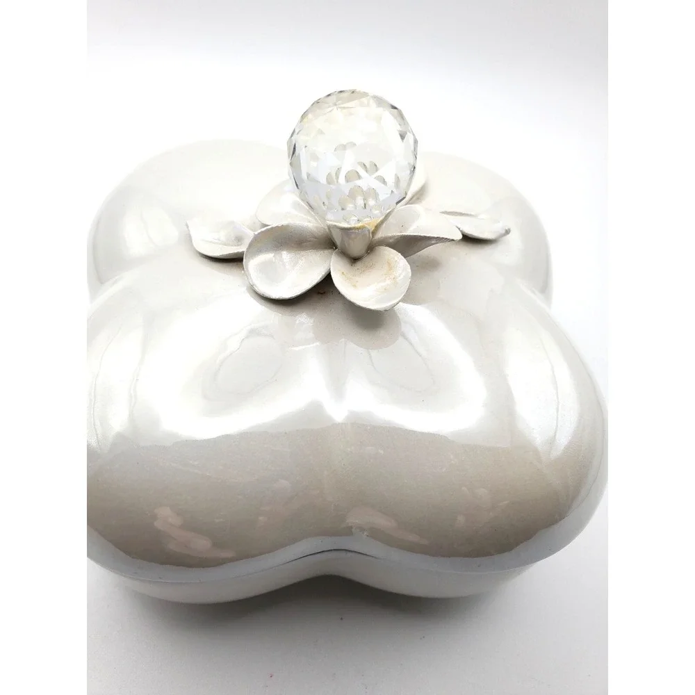 Vintage Italy Faceted Crystal Applied Flowers Opalescent Trinket Jewelry Box
